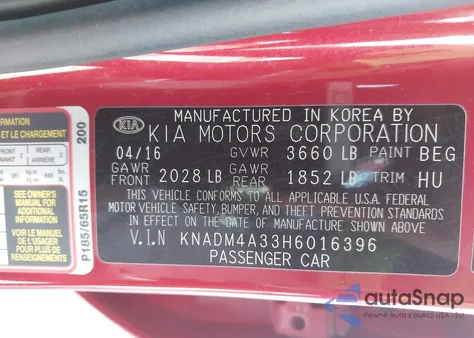 2017 Kia Rio Lx z USA, uszkodzony, nr VIN KNADM4A33H6016396